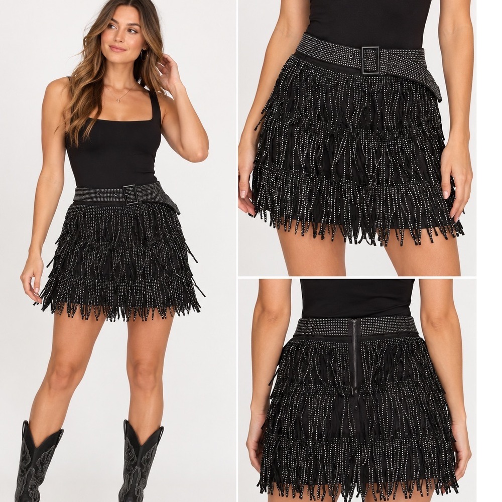 Black Rhinestone Fringe Mini Skirt L NWT Western Cowgirl Y2K Belt Festival Rodeo